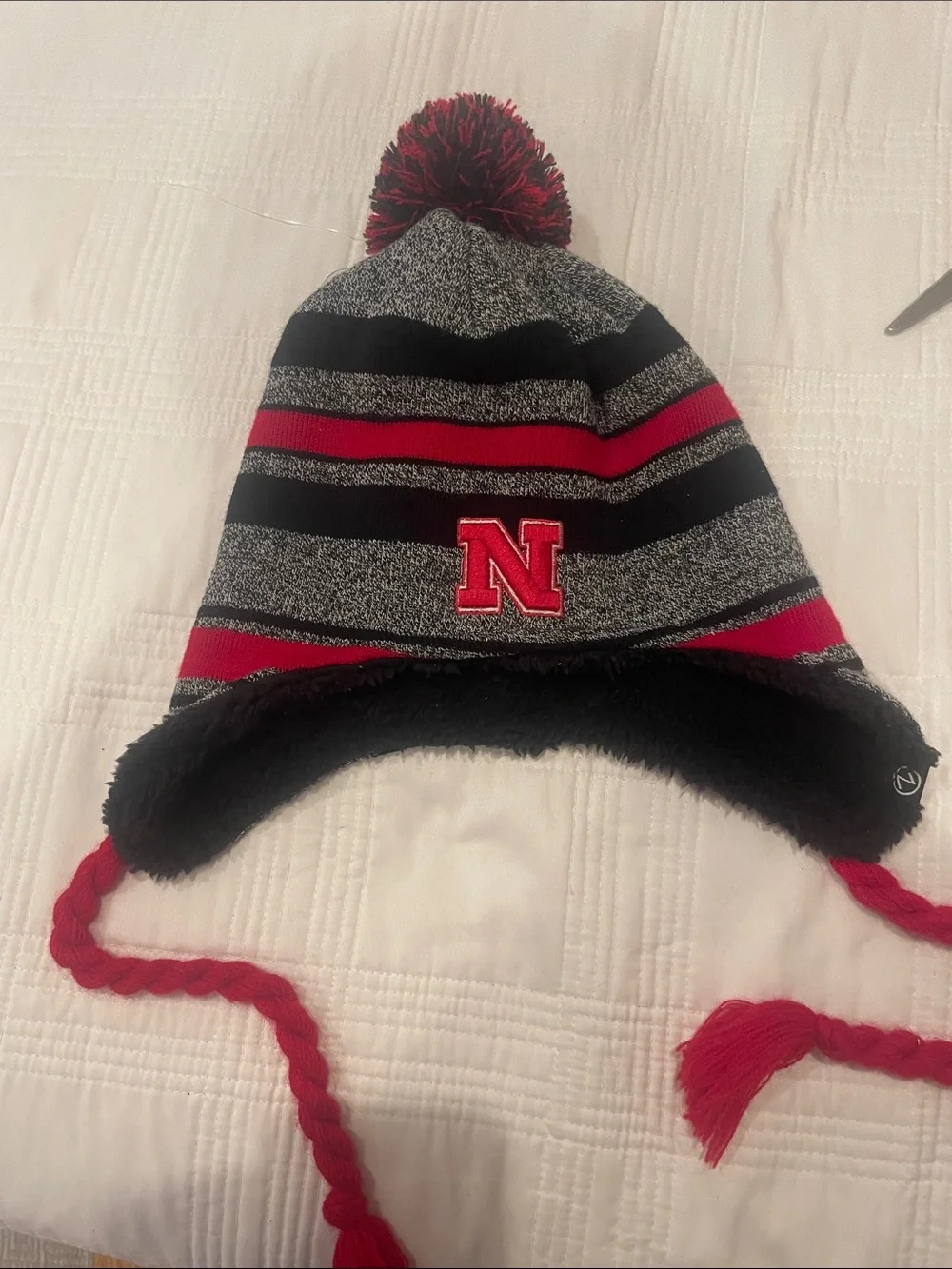Nebraska Red, Black & Gray small adults Pom-Pom Earflap Hat (OL2)
